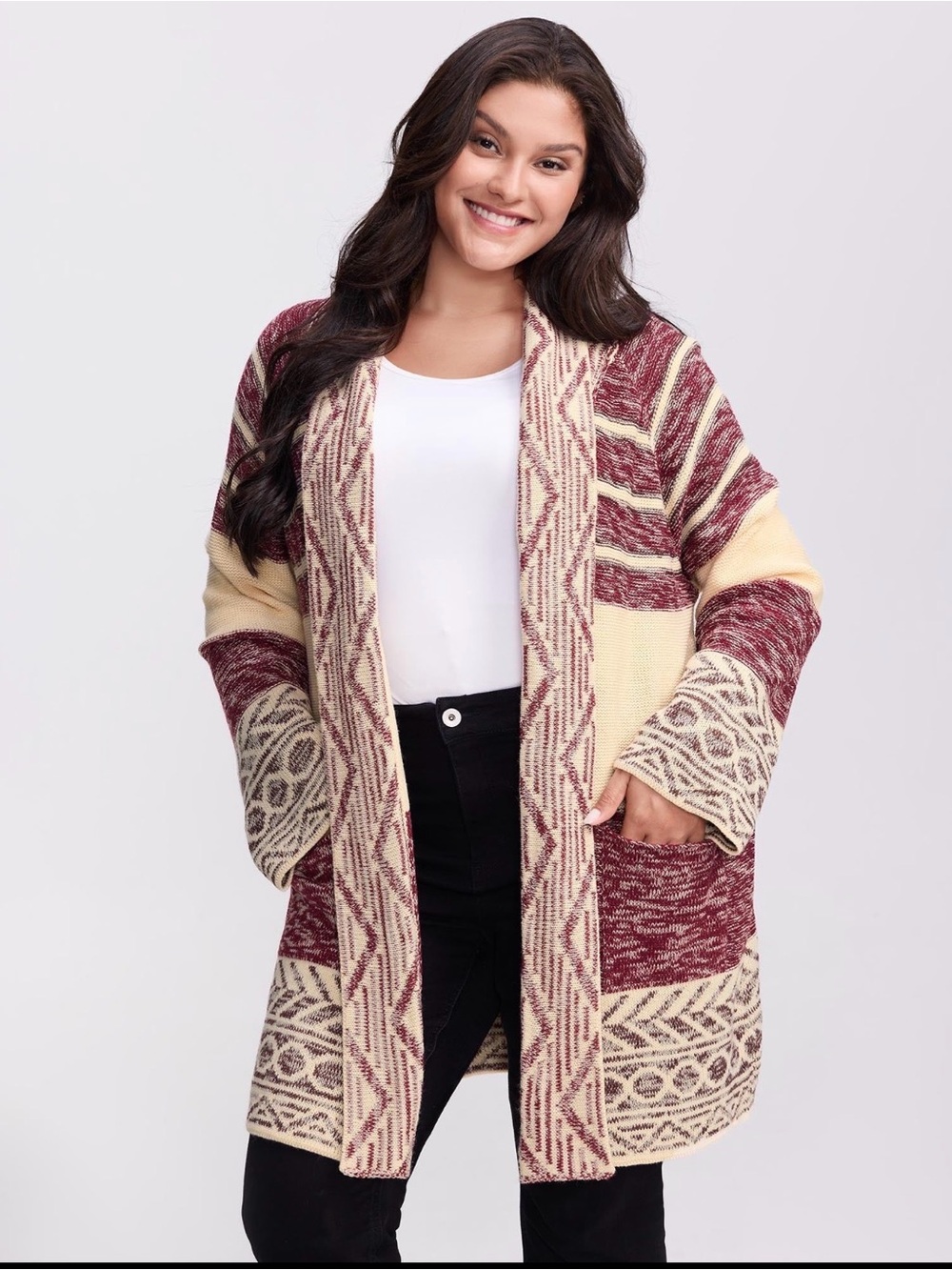 Boho Striped Jacquard Open-Front Cardigan Sweater